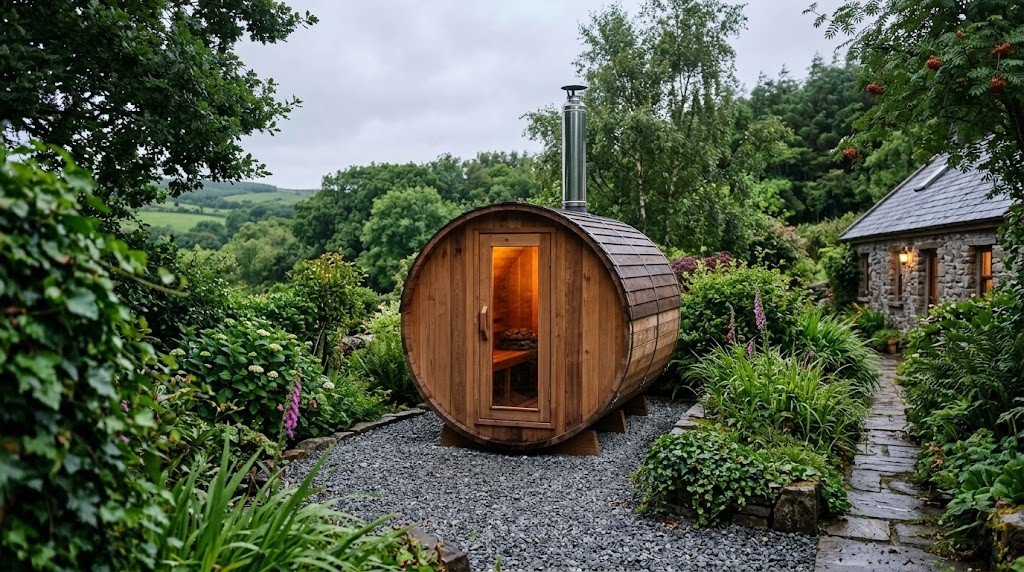 Cedar barrel sauna in an Irish back garden