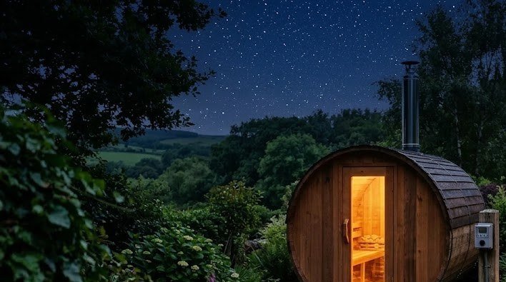 Barrel sauna glowing at night with a timer switch, low sauna running costs
