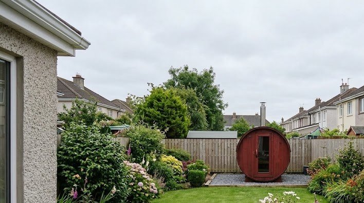 Barrel garden sauna at the end of a suburban Irish back garden