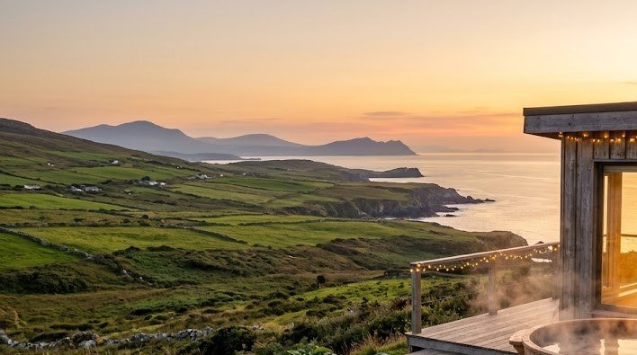 Glamping cabin with a private wood fired hot tub on the Wild Atlantic Way