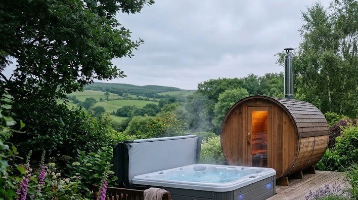 Barrel sauna and hot tub together on a garden deck in Ireland