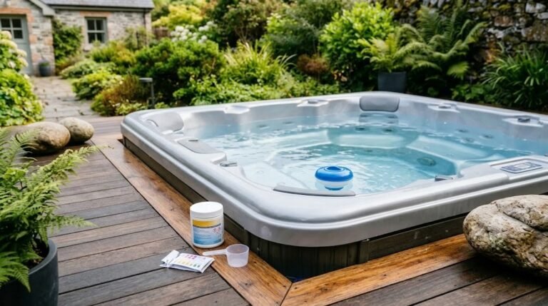 Hot tub chlorine granules, floating dispenser and test strips on the edge of a hot tub