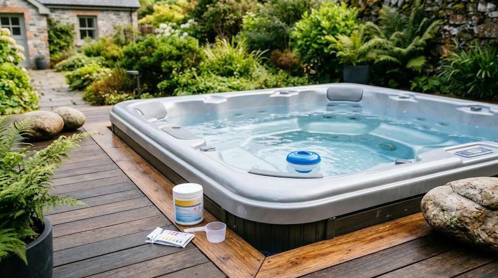 Hot tub chlorine and test strips on a hot tub edge
