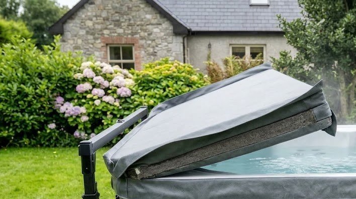 Thick hot tub cover folded back on a cover lifter with a locking clip