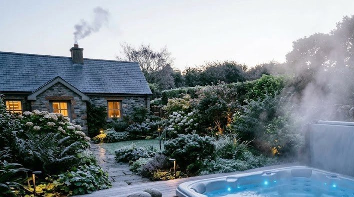 Hot tub heating up with steam rising on a frosty Irish evening
