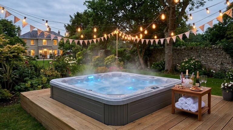Hot tub hire set up for a garden party in Ireland with string lights