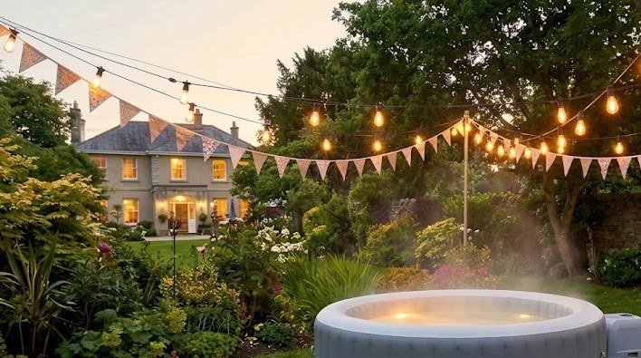 Inflatable hire hot tub set up for a party in an Irish garden