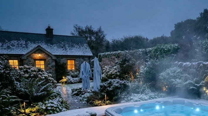 Steaming hot tub in winter snow in an Irish back garden