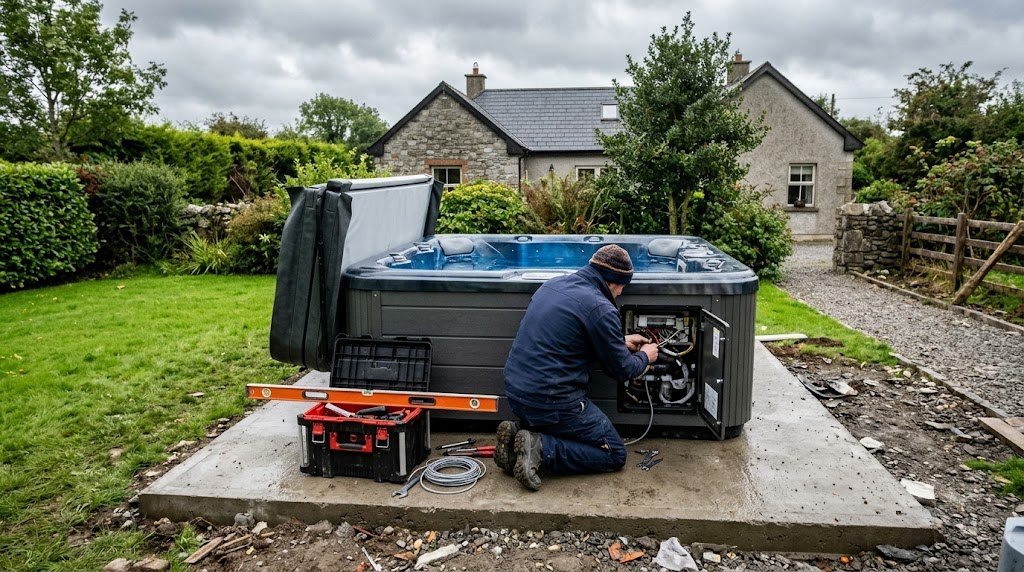 Hot tub installation on a concrete base in an Irish back garden