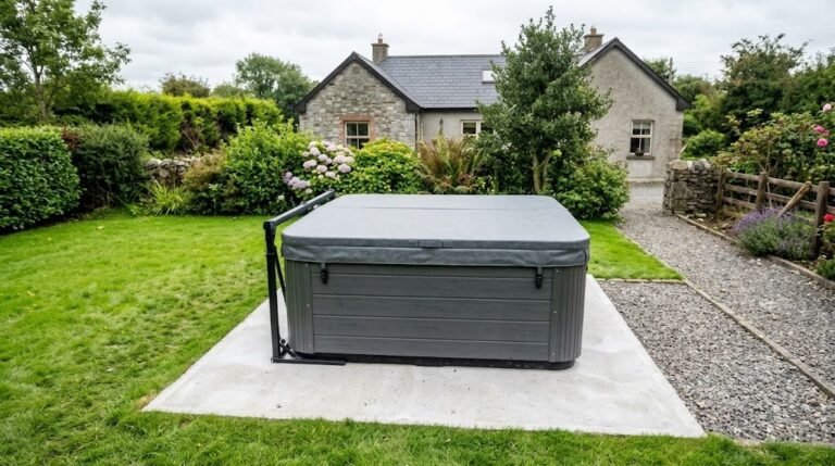 Hot tub closed with an insulated locking safety cover in an Irish back garden
