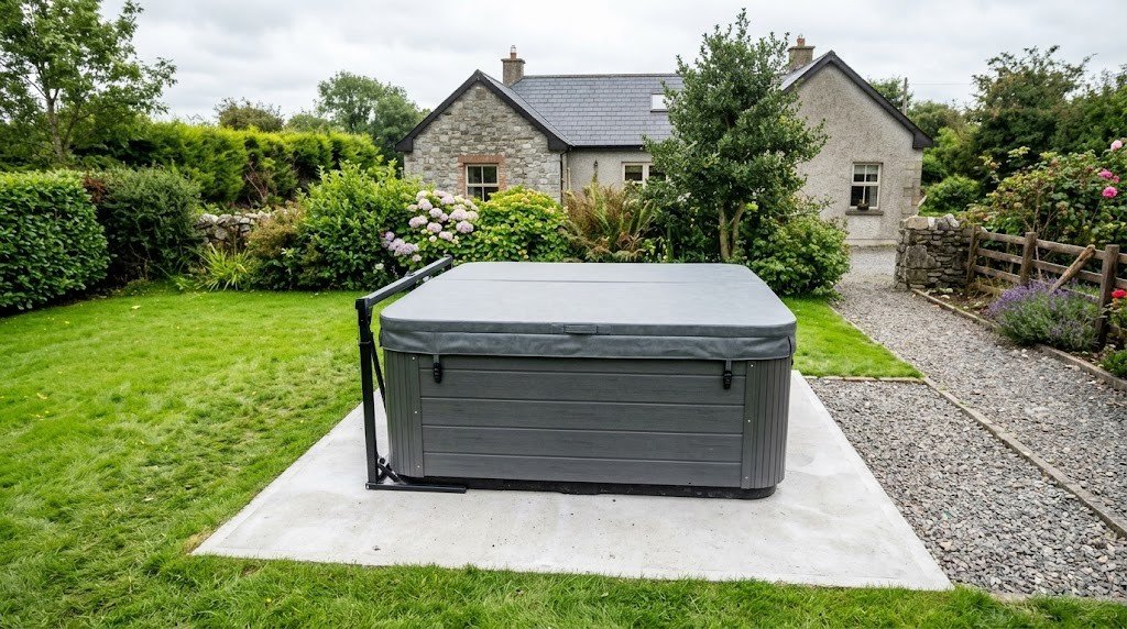 Hot tub closed with an insulated locking safety cover in an Irish back garden
