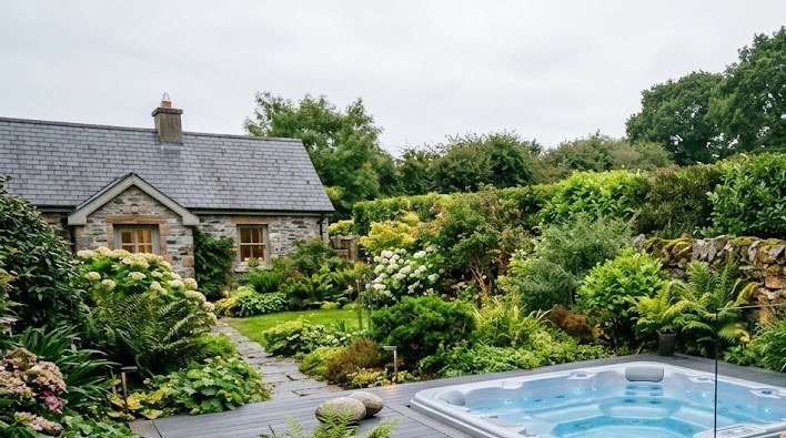 Hot tub sunk into a raised deck in an Irish garden