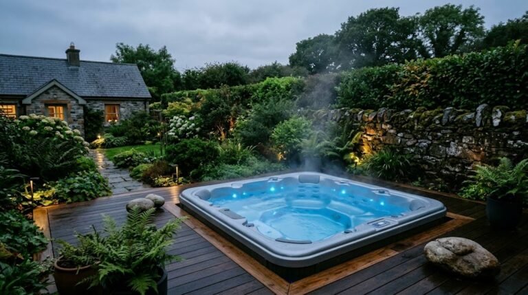 Acrylic hot tub on a timber deck in an Irish back garden at dusk