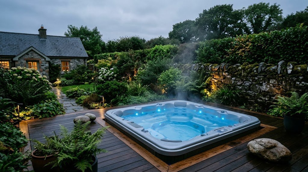 Acrylic hot tub on a timber deck in an Irish garden