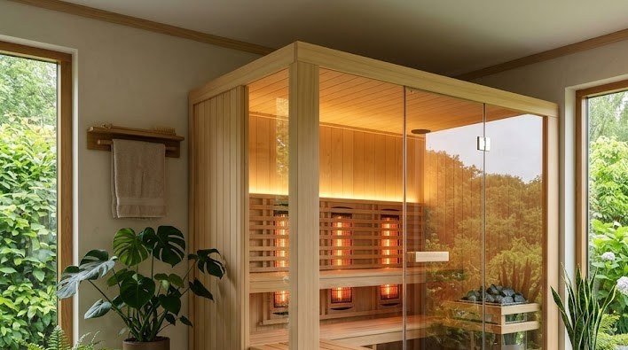 Larger hybrid infrared home sauna in a garden room