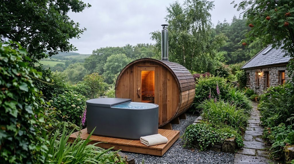 Cold plunge ice bath beside a barrel sauna