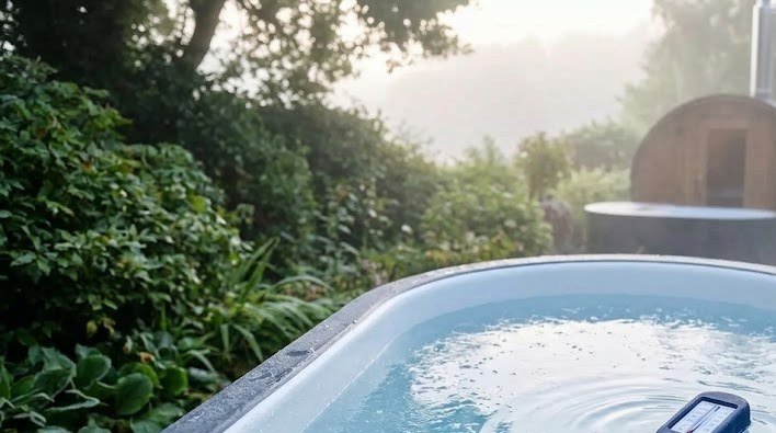 Floating thermometer in a cold plunge ice bath on a misty morning
