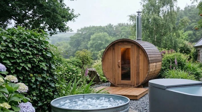 Galvanised ice bath tub next to a chilled cold plunge tub in an Irish garden