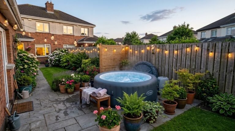 Inflatable hot tub on a patio in a suburban Irish back garden