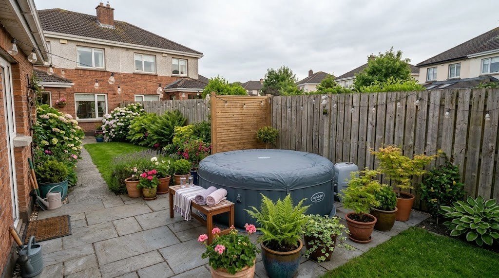 Inflatable hot tub with insulated lid on a patio in an Irish suburban garden