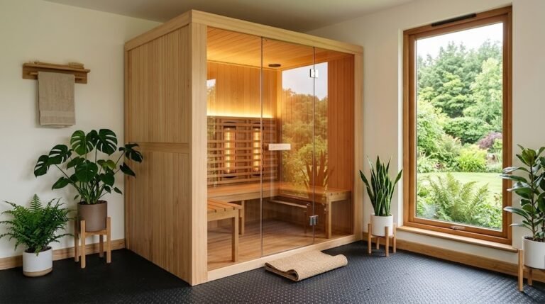 Two person indoor infrared sauna with glass front in an Irish garden room