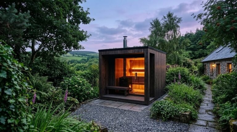 Outdoor cabin sauna with a sauna heater glowing inside
