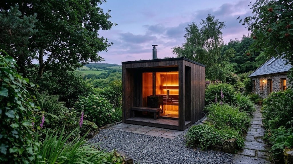 Modern outdoor cabin sauna with glass front and porch in an Irish garden
