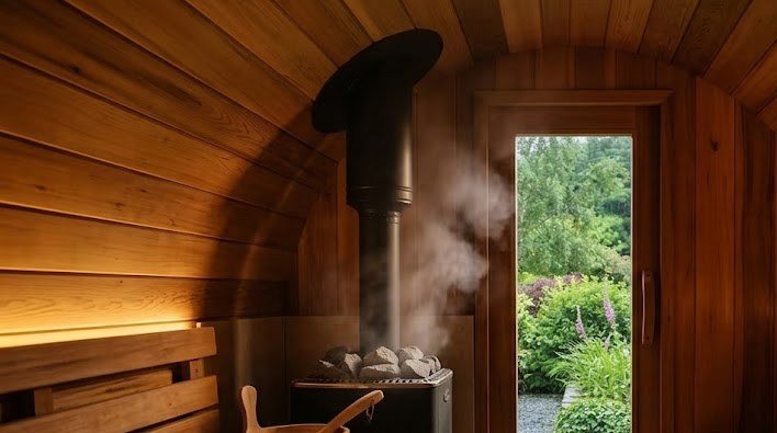 Sauna heater with stones, bucket and ladle inside a cedar barrel sauna