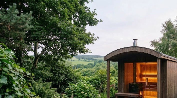 Thermowood sauna pod with arched roof and glass end in an Irish garden