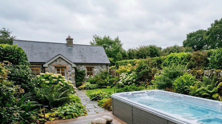Swim spa set into a timber deck in a large Irish garden