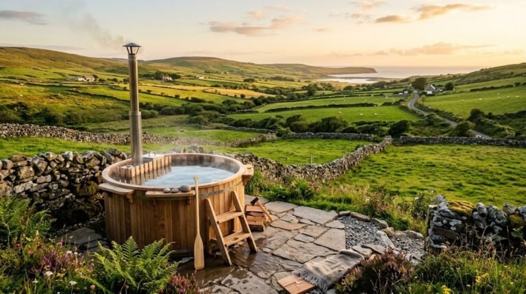Wood fired hot tub on a stone patio overlooking the Irish countryside