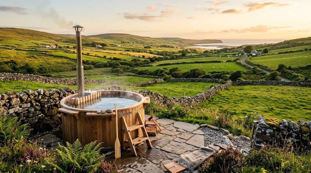 Wood fired hot tub on a stone patio overlooking the Irish countryside