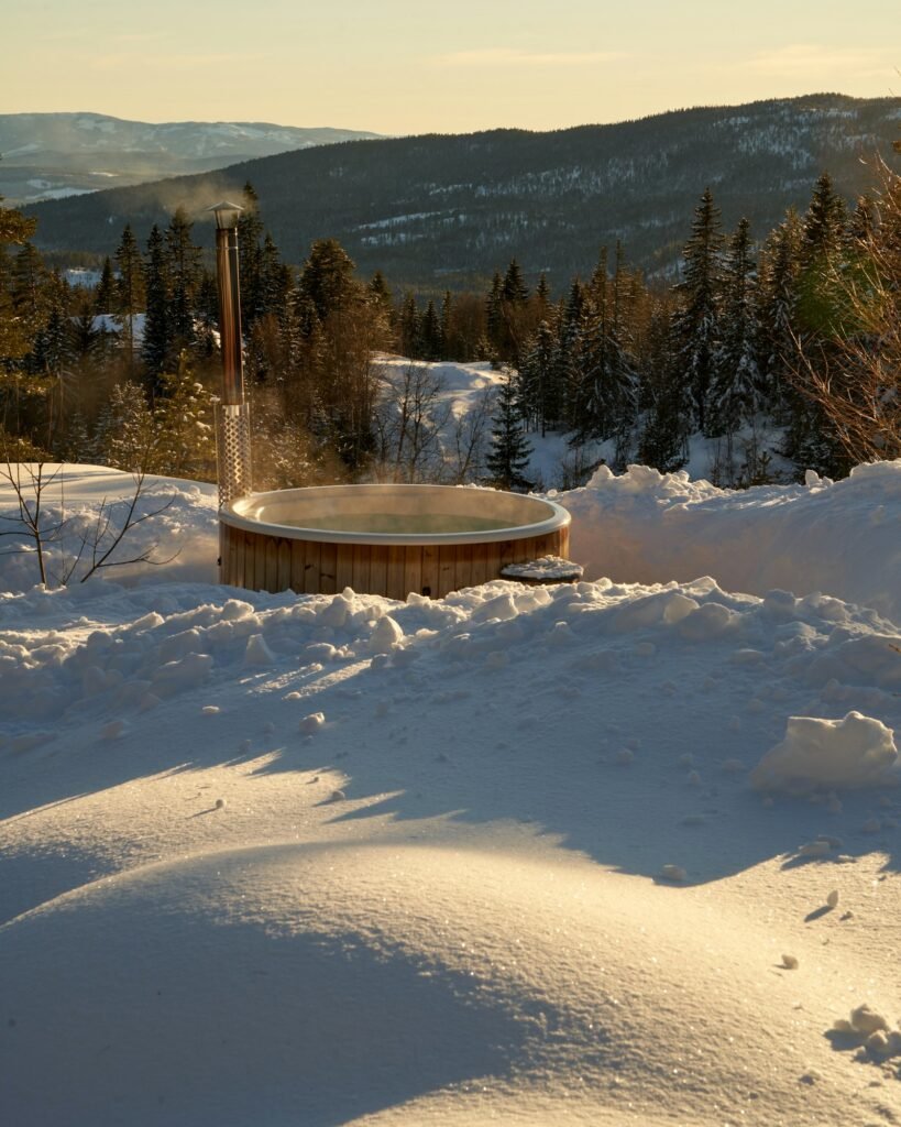 Wood fired hot tub in winter snow
